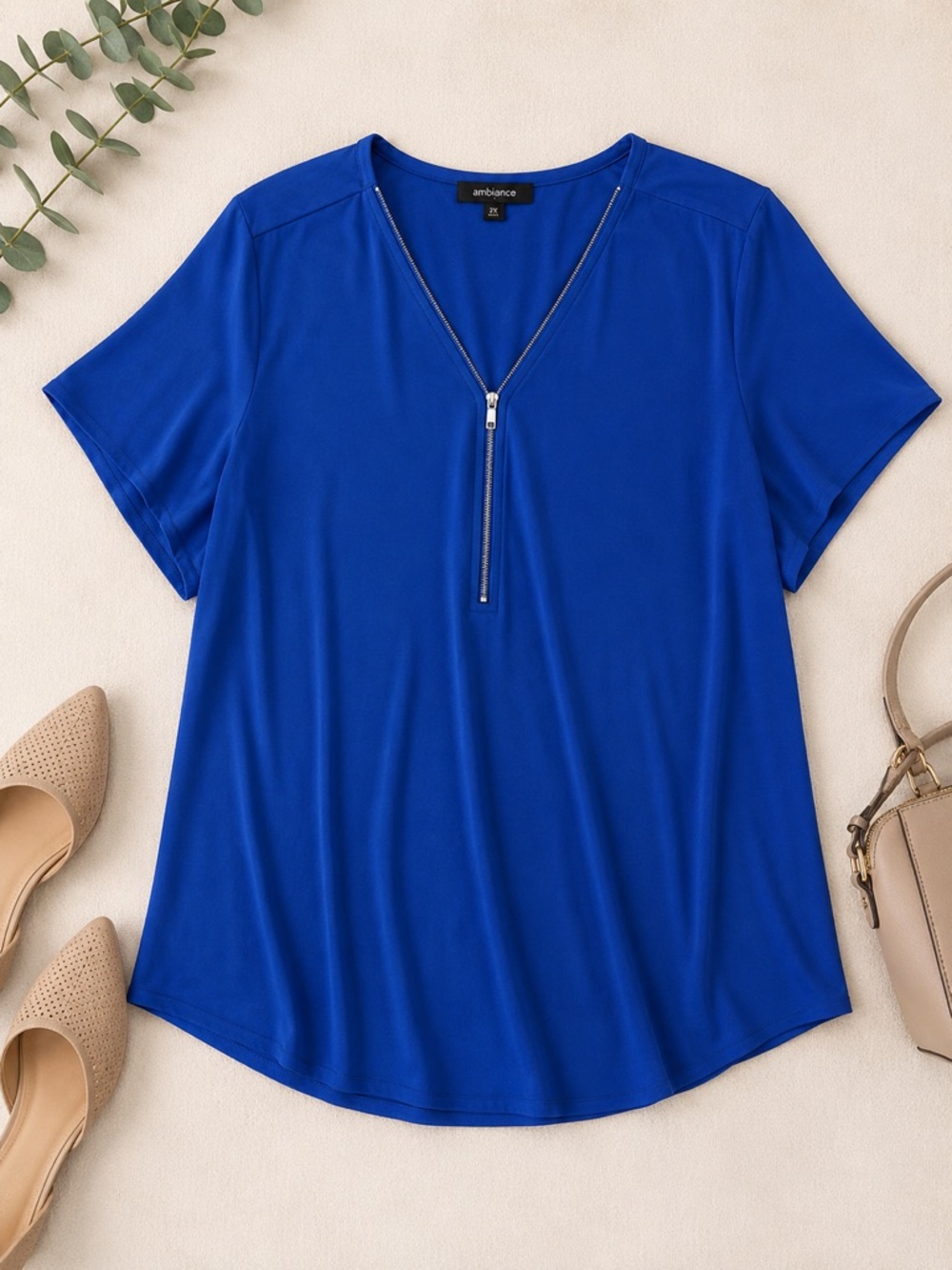 Ambiance Royal Blue Zip Front Blouse Women’s Plus Size 2X